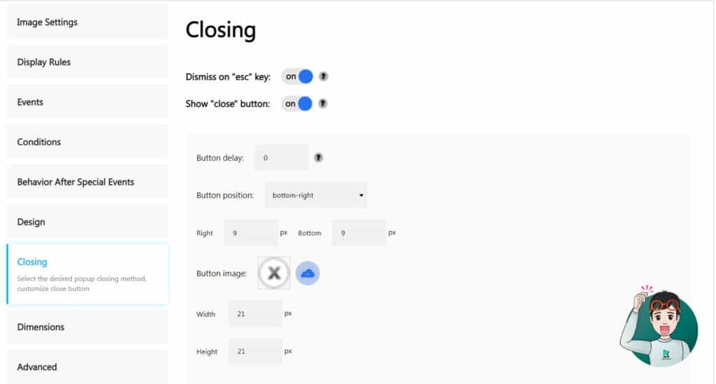 เมนู Closing ปลั๊กอิน Popup Builder