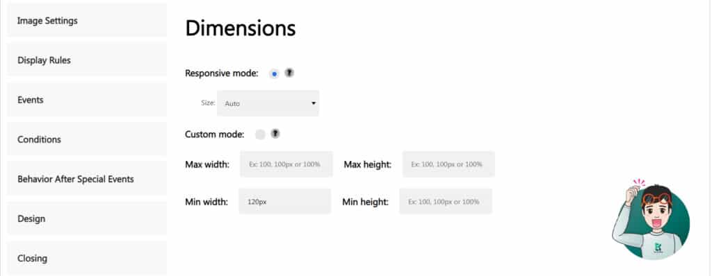 เมนู Dimensions ของ ปลั๊กอิน Popup Builder