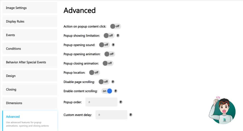 เมนู Advanced ของ Popup Builder