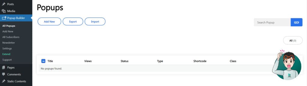 หน้า Popup Builder หลังจากติดตั้ง