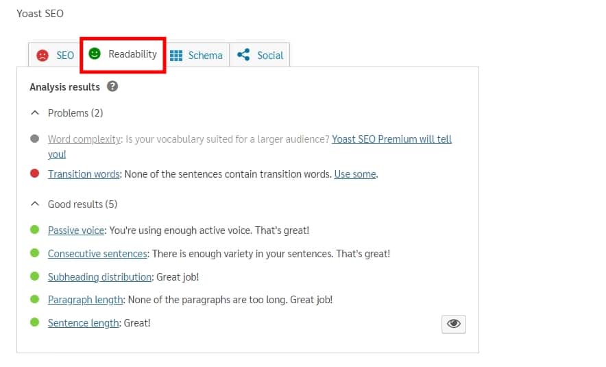 Yoast SEO Readability Status