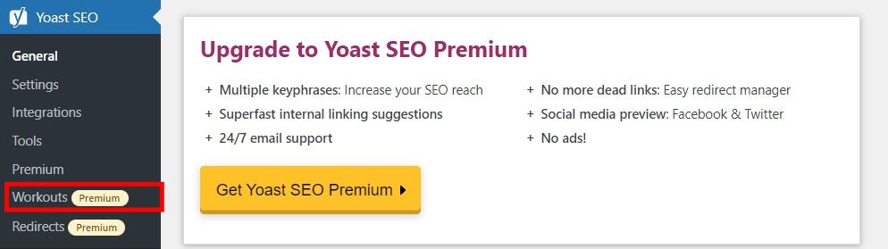 Workouts option in Yoast