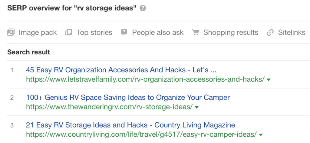 example of searching result of rv storage idea