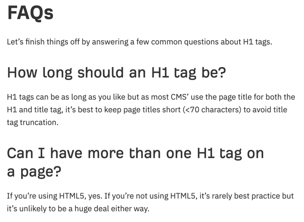 example of FAQ about h1 tag
