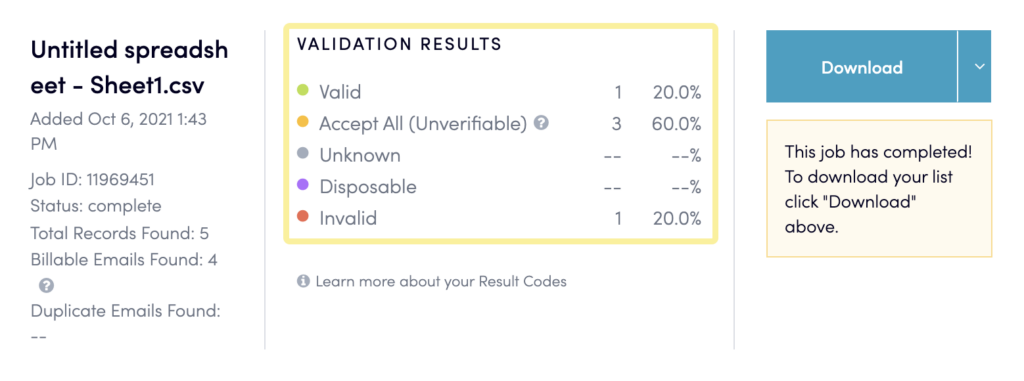 email validation results of neverbounce