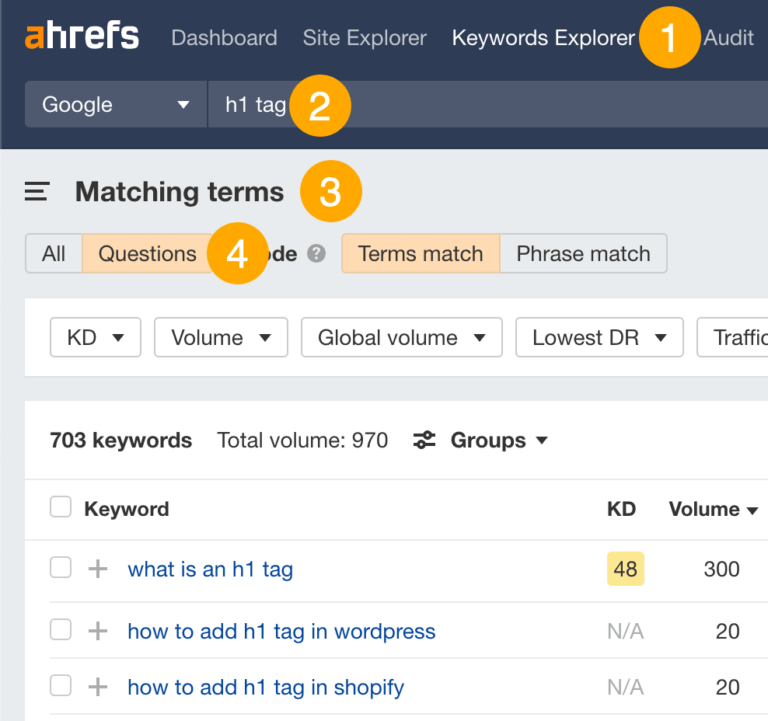 finding about h1 tag favourite question in keyword explorer